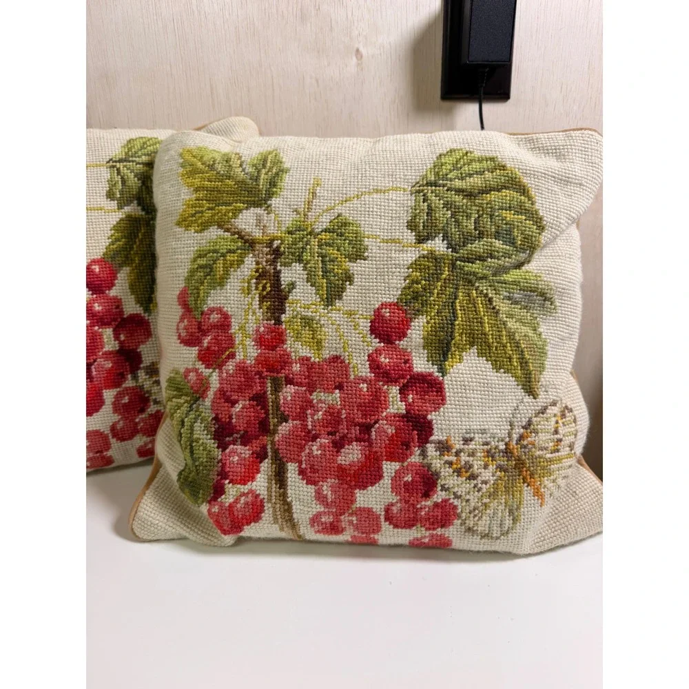 Needlepoint Throw Pillows Set of 2 14x14 Cream Red Excellent Botanical